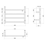 Technical drawing of Thermogroup 4-bar straight square heated towel ladder, 600mm stainless steel, with dimensions shown