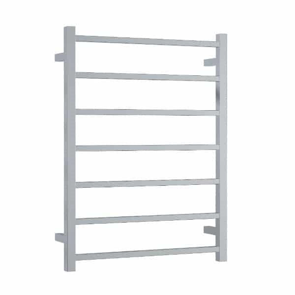 Thermogroup 7-bar square heated towel ladder, polished stainless steel, front view on white background