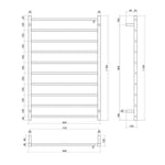 Technical drawing of Thermogroup 10 bar matte black square heated towel ladder, 800mm wide, with front and side dimensions shown