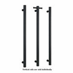 Thermogroup matte black heated towel rail, straight round vertical single bar, shown as three individual rails on white background