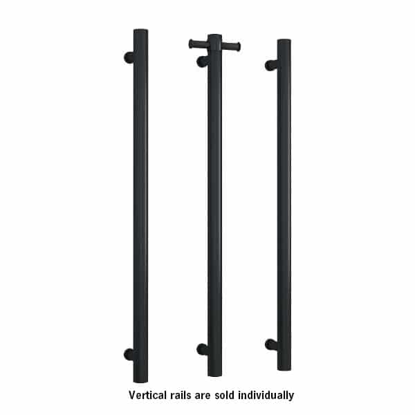 Thermogroup matte black heated towel rail, straight round vertical single bar, shown as three individual rails on white background