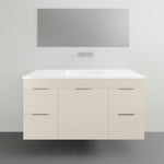 Timberline Bargo wall hung vanity with white ceramic top and pale woodgrain finish, front view with integrated basin
