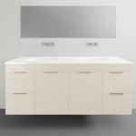 Timberline Bargo wall hung vanity with white Alpha ceramic top, light woodgrain finish, shown front on in bathroom setting
