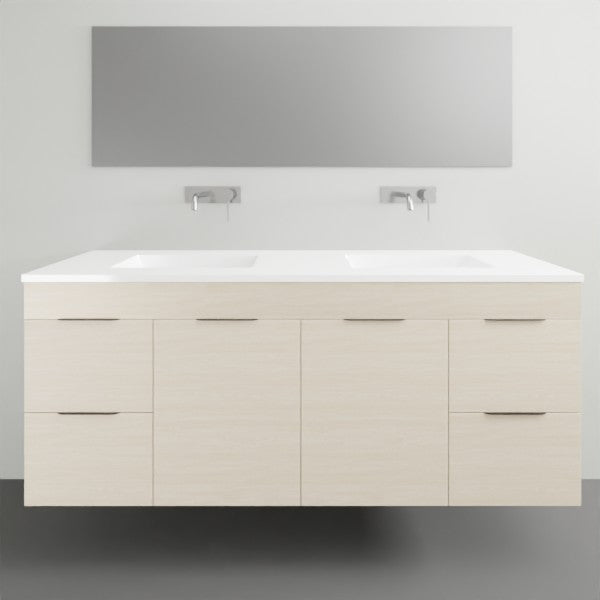 Timberline Bargo wall hung vanity with white Alpha ceramic top, light woodgrain finish, shown front on in bathroom setting