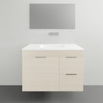 Timberline Bargo wall hung vanity with white ceramic top, light woodgrain finish, integrated basin and mirror above