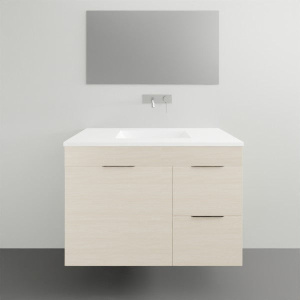 Timberline Bargo wall hung vanity with white ceramic top, light woodgrain finish, integrated basin and mirror above