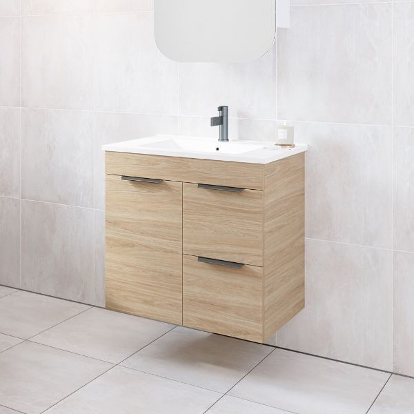 Timberline Bargo wall hung vanity with white ceramic top and light oak woodgrain finish, front view in bathroom