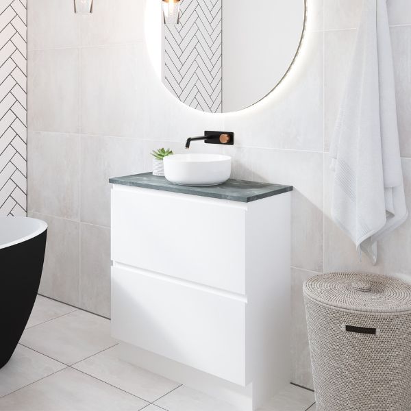 Timberline Billie white floor standing ensuite vanity with grey top and round above counter basin in bathroom setting