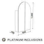 Timberline Church shaving cabinet technical drawing, arched two-door front view, 600mm wide, Platinum Inclusions.