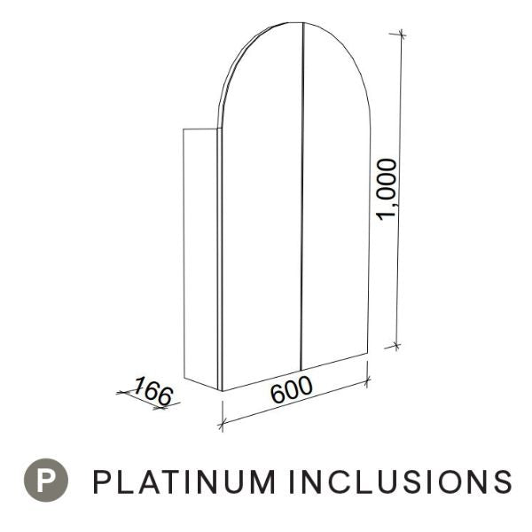 Timberline Church shaving cabinet technical drawing, arched two-door front view, 600mm wide, Platinum Inclusions.