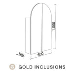 Timberline Church shaving cabinet technical drawing, arched 600mm mirror cabinet with doors, Gold Inclusions, 1000mm high and 166mm deep