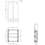 Technical drawing of Timberline Church Shaving Cabinet 600mm, showing arched profile and dimensions in front and side views