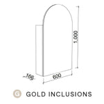 Timberline Church shaving cabinet technical drawing, 600mm wide x 1000mm high, arched profile, Gold Inclusions, side view