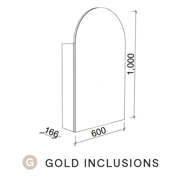 Timberline Church shaving cabinet technical drawing, 600mm wide x 1000mm high, arched profile, Gold Inclusions, side view