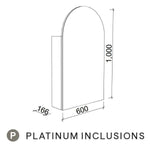 Timberline Church shaving cabinet technical drawing, arched profile, 600mm wide, 1000mm high, Platinum Inclusions finish