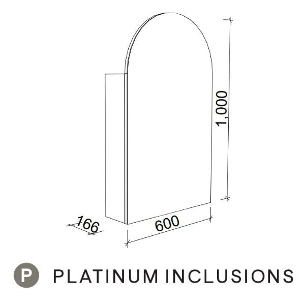 Timberline Church shaving cabinet technical drawing, arched profile, 600mm wide, 1000mm high, Platinum Inclusions finish