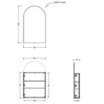 Timberline Church Shaving Cabinet 600mm technical drawing with arched top and side dimensions, showing front and side views