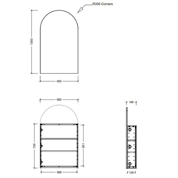 Timberline Church Shaving Cabinet 600mm technical drawing with arched top and side dimensions, showing front and side views