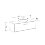 Timberline Delaware wall hung vanity technical drawing with basin, 1200mm wide, 460mm deep, 376mm high