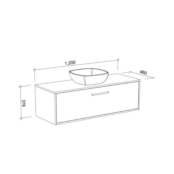 Timberline Delaware wall hung vanity technical drawing with basin, 1200mm wide, 460mm deep, 376mm high