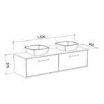 Timberline Delaware wall hung vanity technical drawing with double basins, 1500mm wide and 460mm deep, in white line art