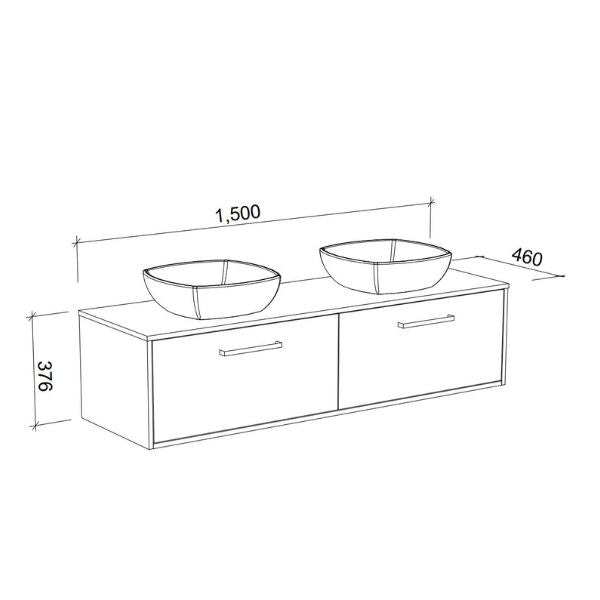 Timberline Delaware wall hung vanity technical drawing with double basins, 1500mm wide and 460mm deep, in white line art