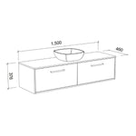 Timberline Delaware wall hung vanity technical drawing with single basin, 1500 x 460 x 376mm, two drawers