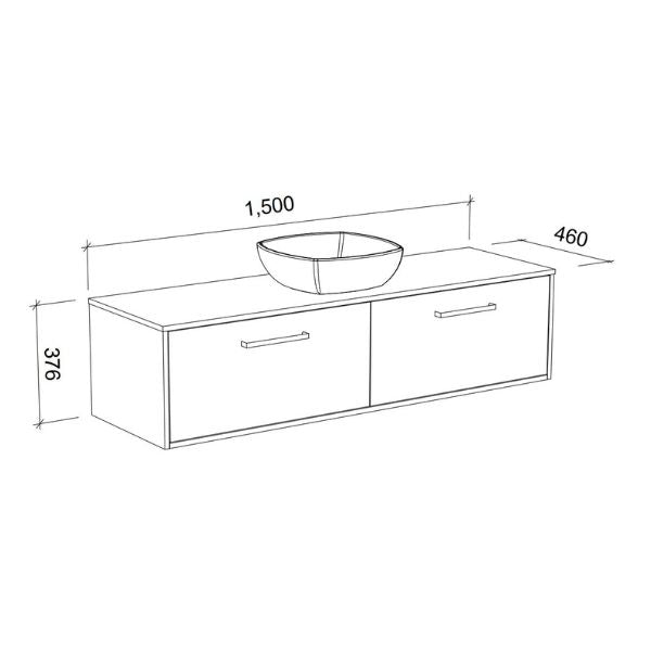Timberline Delaware wall hung vanity technical drawing with single basin, 1500 x 460 x 376mm, two drawers