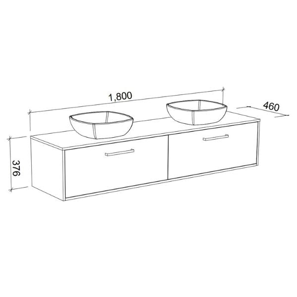 Timberline Delaware wall hung vanity technical drawing, 1800mm double basin, 2 drawers, 460mm deep