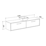 Technical line drawing of Timberline Delaware wall hung vanity, 1800mm wide, 460mm deep, 376mm high, with above counter basin