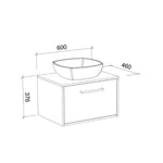Technical drawing of Timberline Delaware wall hung vanity with single basin, 600 x 460 x 376 mm dimensions, white line art
