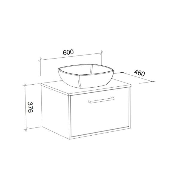 Technical drawing of Timberline Delaware wall hung vanity with single basin, 600 x 460 x 376 mm dimensions, white line art