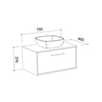 Technical line drawing of Timberline Delaware wall hung vanity with single basin, showing 750 x 460 x 376 mm dimensions