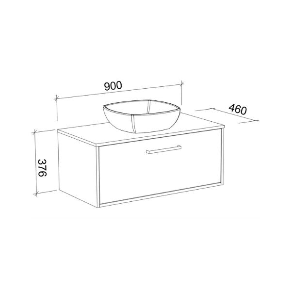 Timberline Delaware wall hung vanity technical drawing with single drawer, 900mm wide, 460mm deep and basin shown