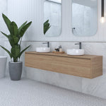 Timberline Delaware wall hung vanity in woodgrain finish with double drawers, shown in a bathroom setting