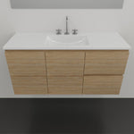 Timberline Florida wall hung ensuite vanity with white ceramic top and woodgrain finish, front view