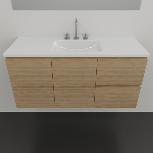 Timberline Florida wall hung ensuite vanity with white ceramic top and woodgrain finish, front view