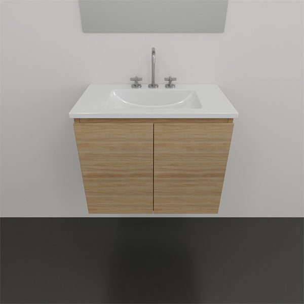 Timberline Florida wall hung ensuite vanity with white ceramic top and woodgrain cabinet, front view
