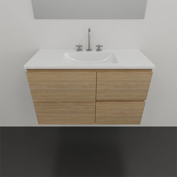 Timberline Florida wall hung ensuite vanity with white ceramic top and woodgrain cabinet, front view