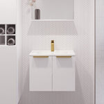 Timberline Florida wall hung ensuite vanity, white satin finish with ceramic top and gold handles in bathroom setting