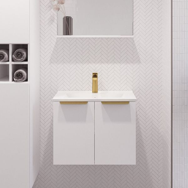 Timberline Florida wall hung ensuite vanity, white satin finish with ceramic top and gold handles in bathroom setting
