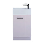 Timberline Frankie floor standing vanity with Liberty ceramic top, pale pink cabinet and black tap, front view