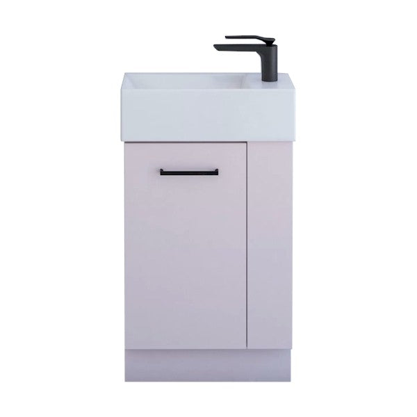 Timberline Frankie floor standing vanity with Liberty ceramic top, pale pink cabinet and black tap, front view