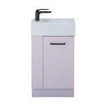 Timberline Frankie floor standing vanity with Liberty ceramic top, pastel pink finish, matte black tap, front view