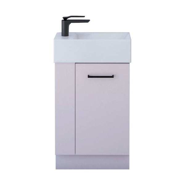Timberline Frankie floor standing vanity with Liberty ceramic top, pastel pink finish, matte black tap, front view