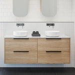 Timberline Grange wall hung vanity in light woodgrain finish with white basins and black handles, front view