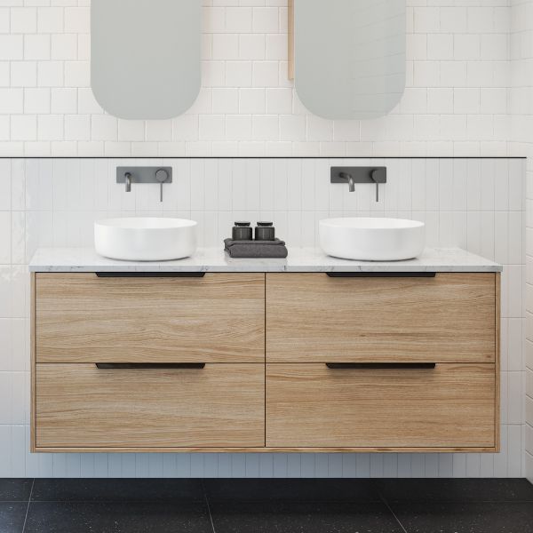Timberline Grange wall hung vanity in light woodgrain finish with white basins and black handles, front view