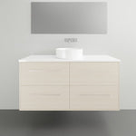 Timberline Grange wall hung vanity with white Silk Surface top and round basin, in light wood finish, front view