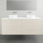 Timberline Grange wall hung vanity with Silk Surface top, pale woodgrain finish, double basin and drawers