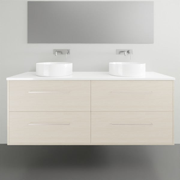 Timberline Grange wall hung vanity with Silk Surface top, pale woodgrain finish, double basin and drawers